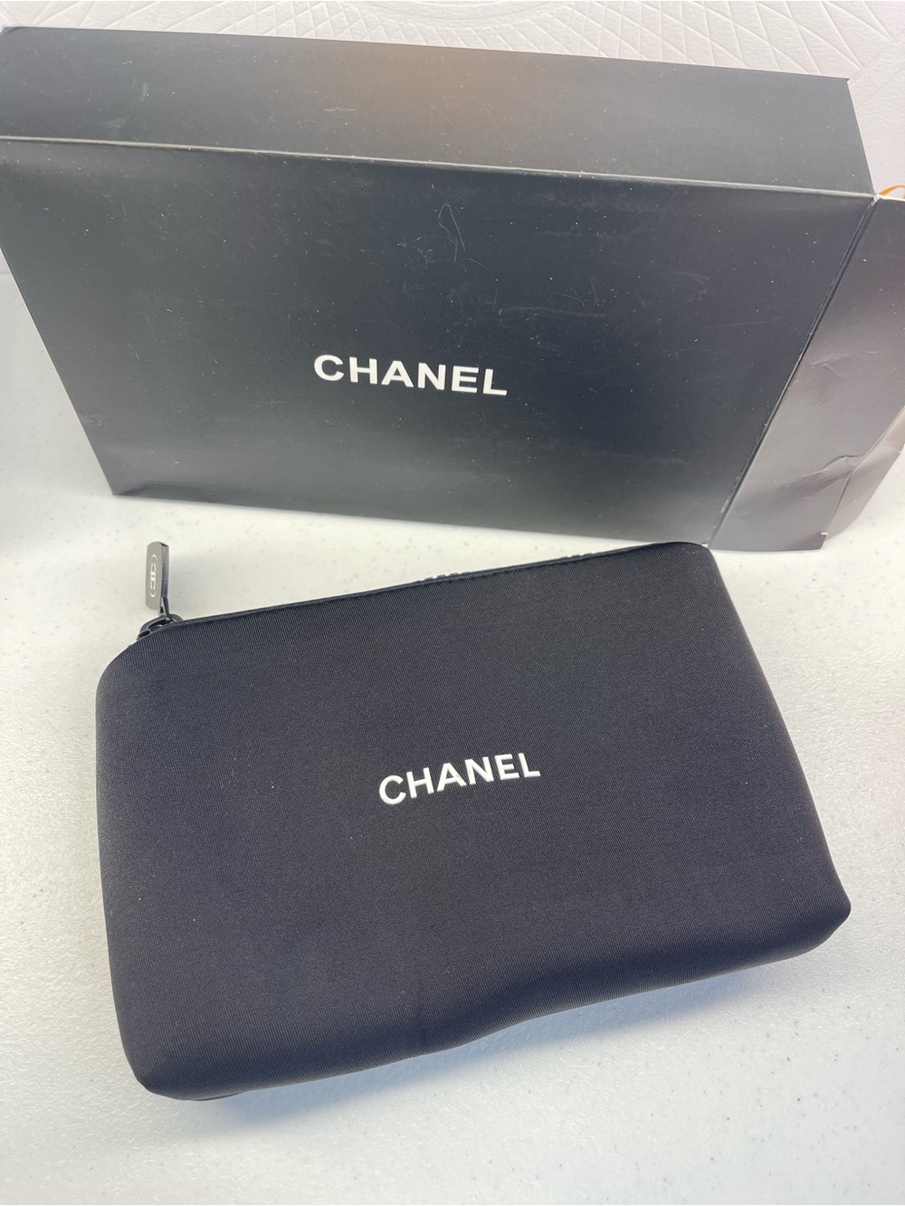 CHANEL beauty Black Logo Zip cosmetic Pouch